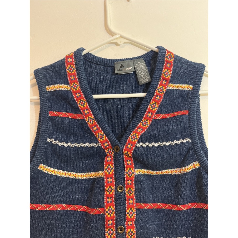 Lizwear Women's M Y2K Sweater Vest Navy Blue Country Ribbon Southwestern Grandma - Picture 3 of 7